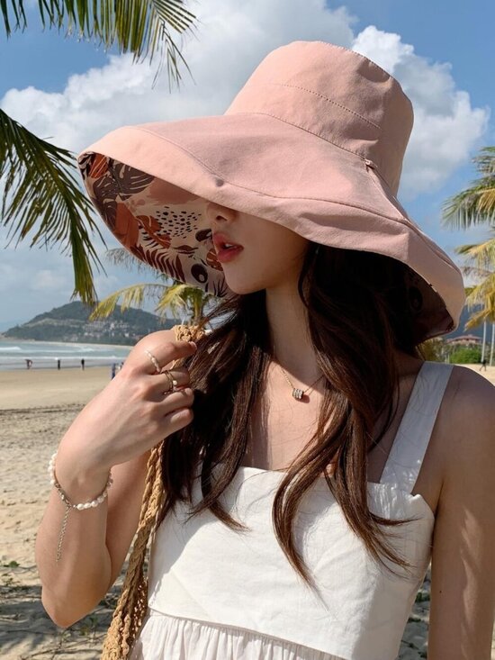Women Wide Brim Summer Sun Hat Wired Edge Beach Bucket Fishing Hats Pink